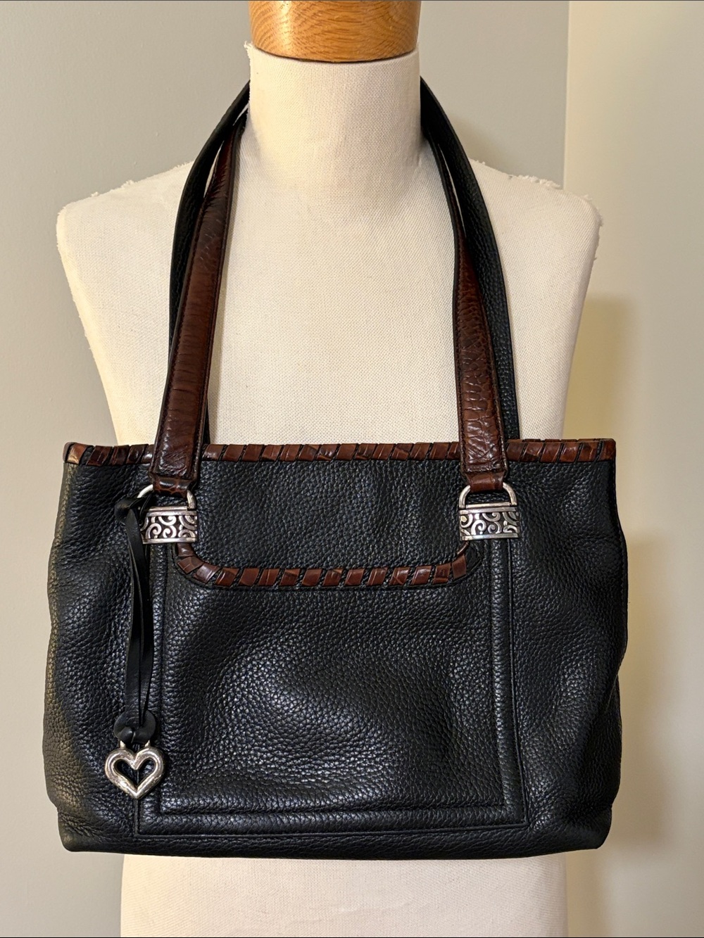 Brighton Barbados Black Pebbled Leather Shoulder Bag - Croc Embossed Trim
